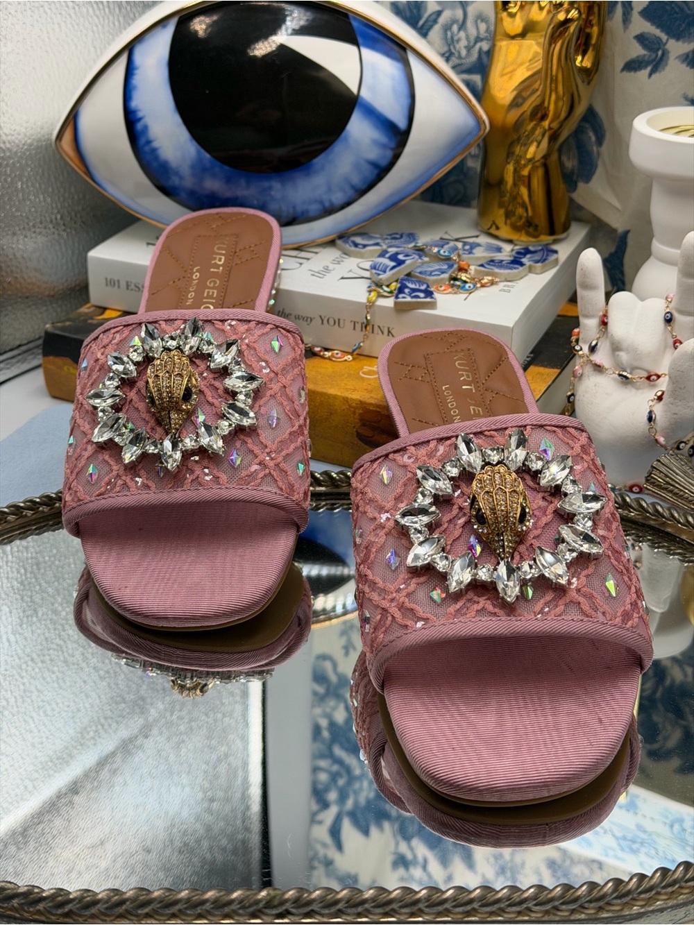🆕 KURT GEIGER LONDON 🧿 NWOB Chelsea Flat Sandal, Pink Mesh Crystal, Sz 37 US 7 - Picture 6 of 14
